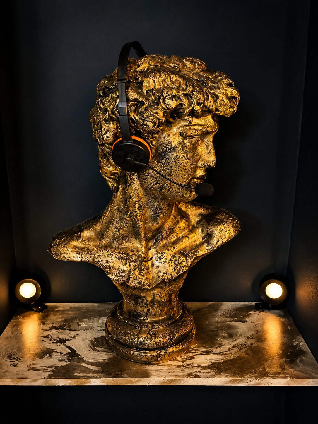 Buste doré du David coiffé d'un casque, éclairé au comptoir