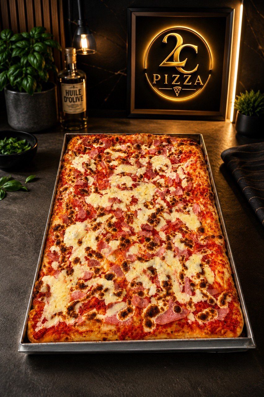 Grande plaque de pizza rectangulaire devant le logo 2C rétroéclairé — commande de plaque de pizza sous 72&nbsp;h