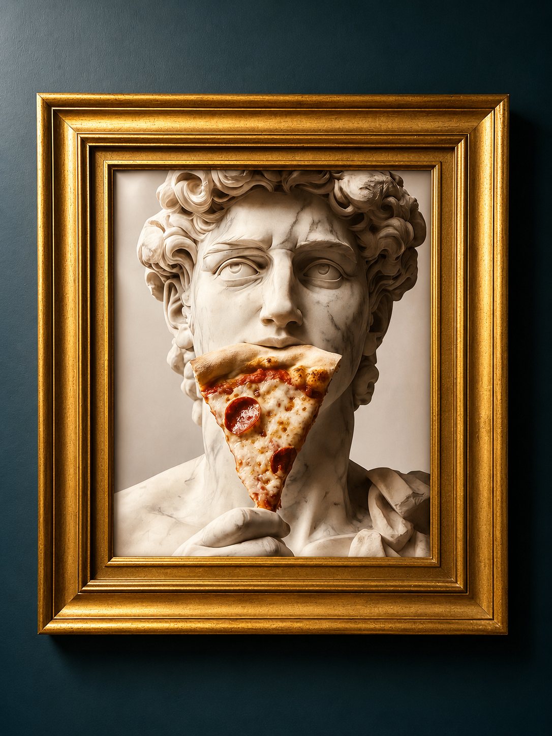 Tableau encadré d'or : le David de Michel-Ange croquant une part de pizza
