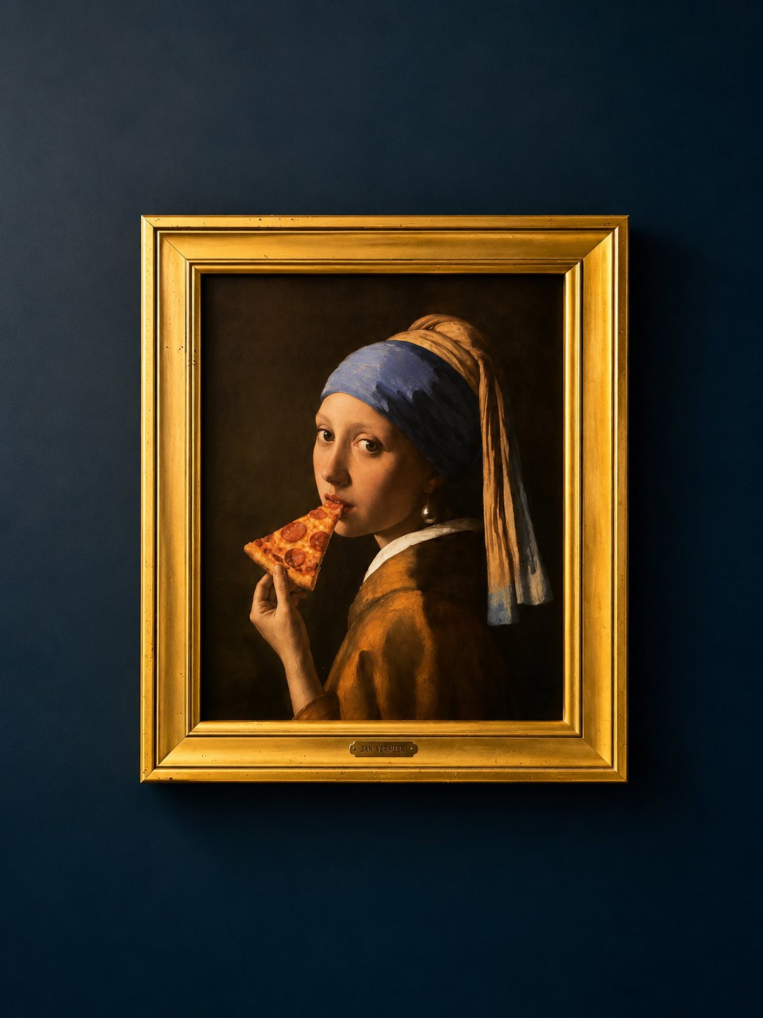 Tableau encadré d'or : la Jeune fille à la perle croquant une part de pizza